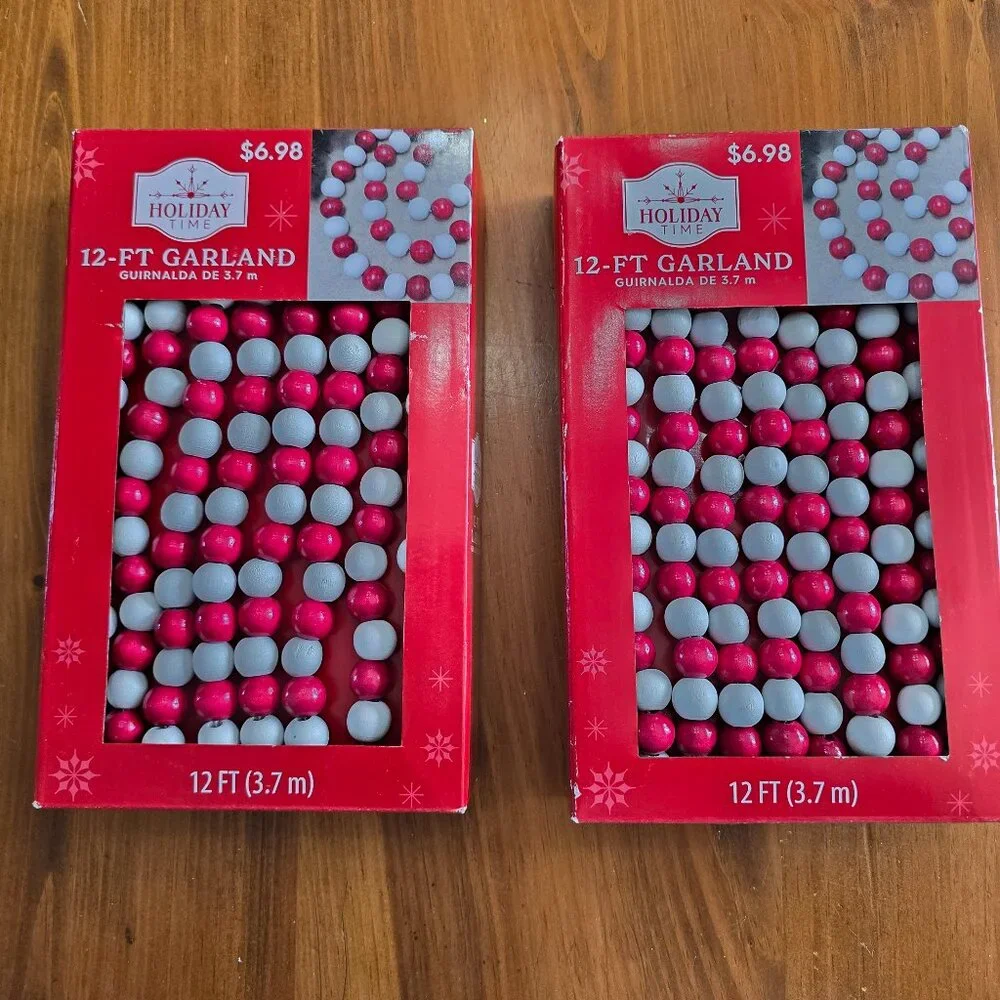 2 Packs NIB Holiday Time Natural Wood Bead Garland 12FT ea. Red & White NEW
